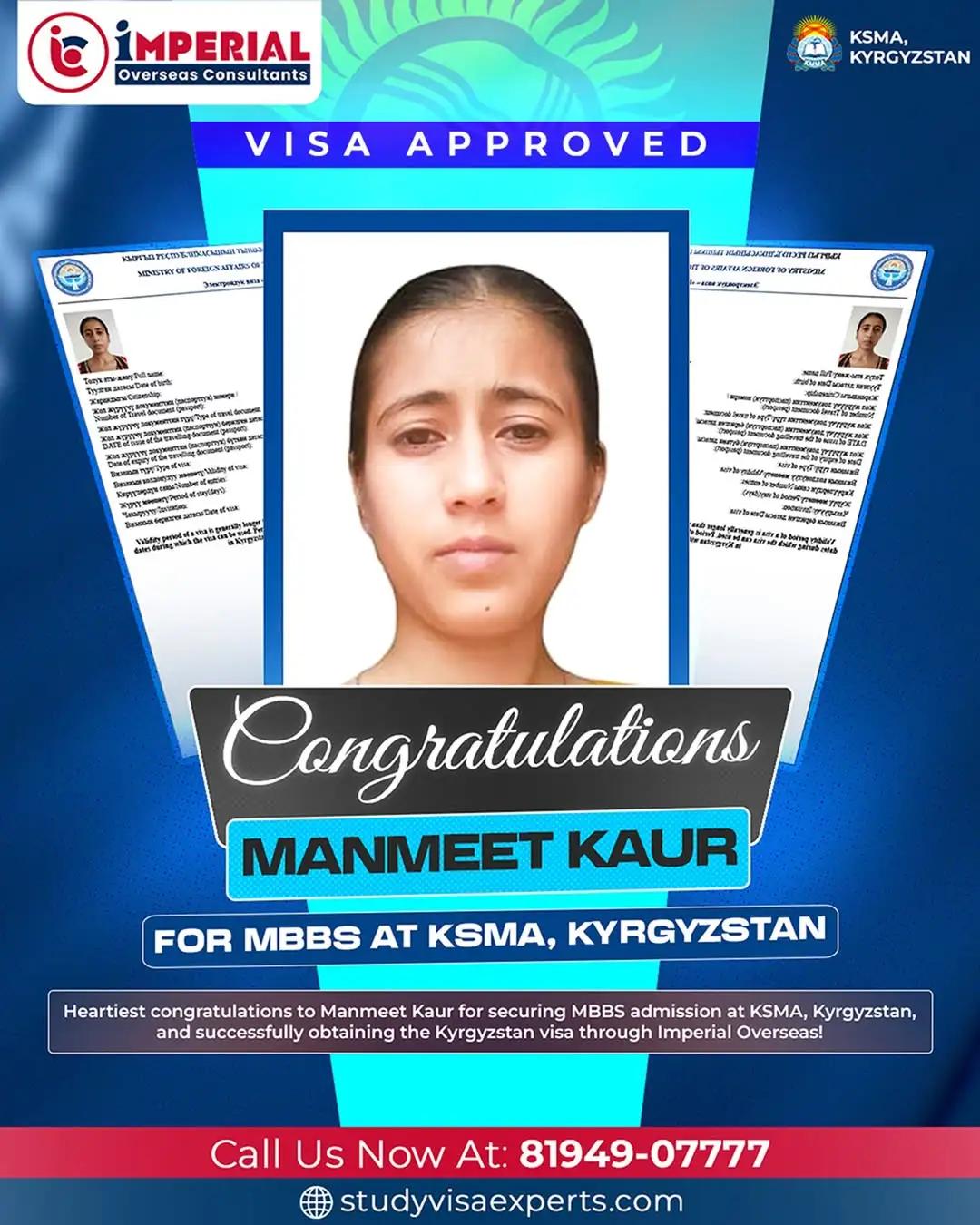 Manmeet Kaur - MBBS Visa Kyrgyzstan