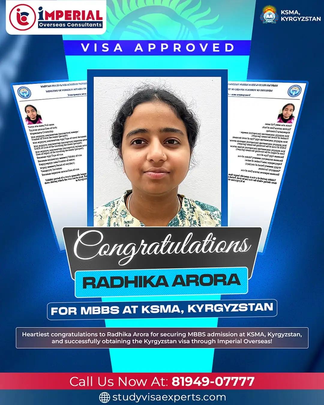 Radhika Arora - MBBS Visa Kyrgyzstan